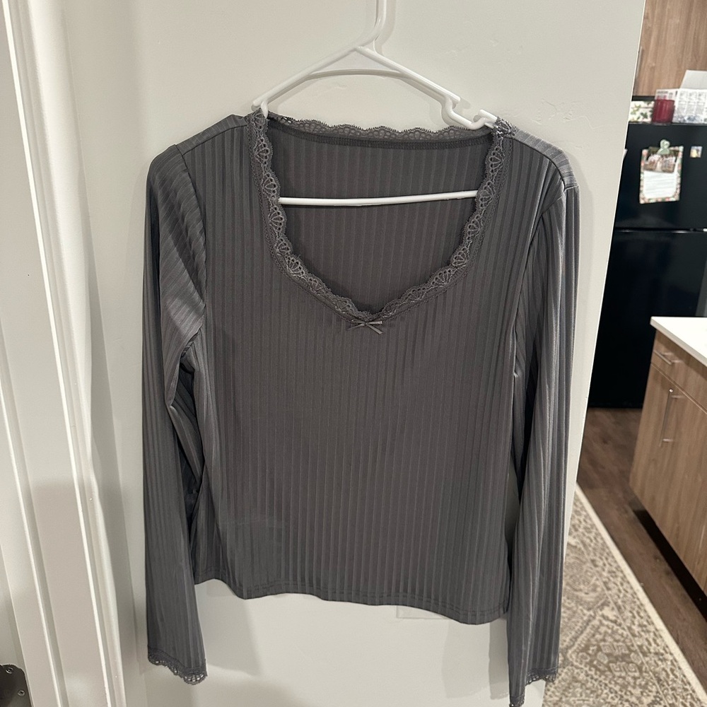 Gray Lace Trim Women's Top